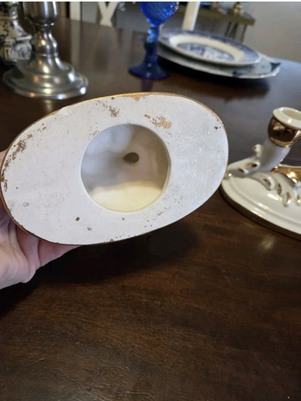 White and Gold Ceramic Double Candle Holders - Pair Vintage Victorian